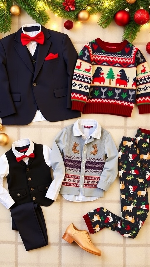 Stylish Christmas outfits for boys including a suit, sweater, smart-casual look, and pajamas on a festive background.